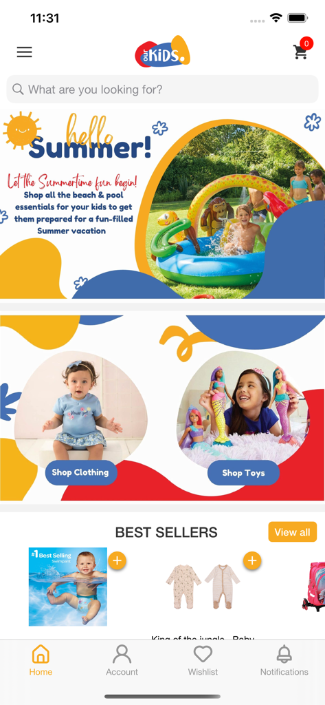 OurKids. - OurKids mobile app home screen featuring baby clothing and toys