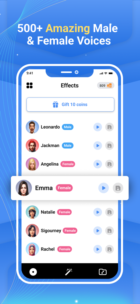 Vocalabs: Gender voice changer - Interfaz de la aplicación Vocalabs mostrando una variedad de efectos de voz de IA masculinos y femeninos para seleccionar