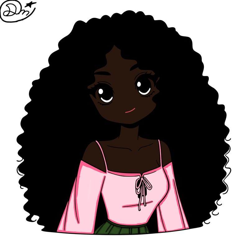a black anime girl with long afro hair