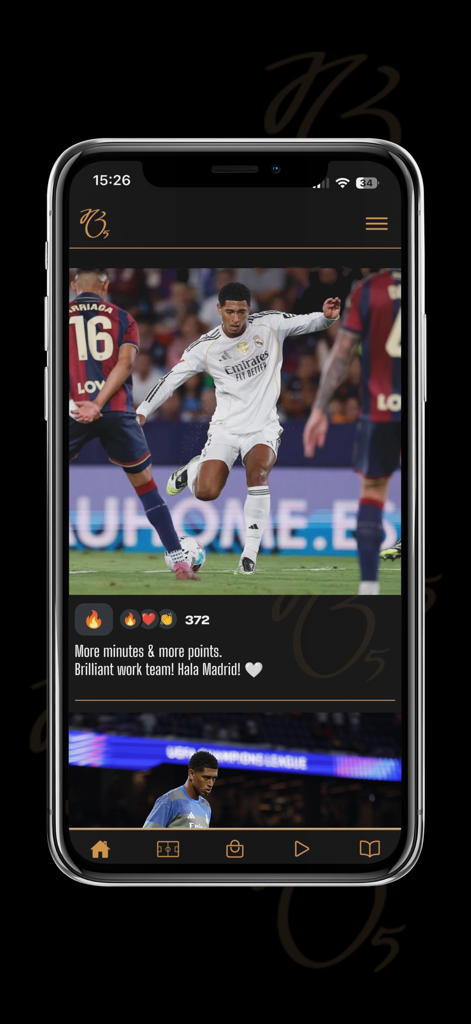 JB5 - Social feed of the JB5 app showing a photo of Jude Bellingham playing for Real Madrid