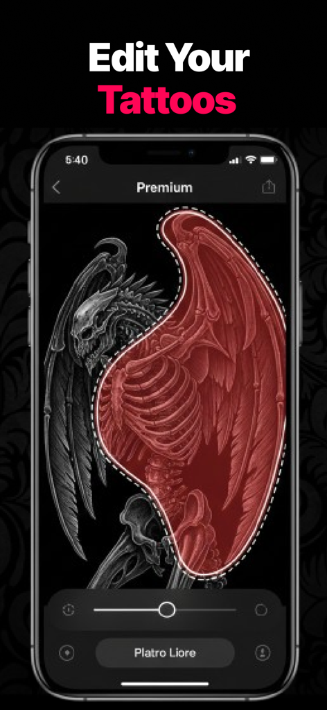 AI Tattoo Design: InkHunter - Uma interface de celular do aplicativo AI Tattoo Design mostrando uma tatuagem de asa de esqueleto sendo editada com uma ferramenta de seleção vermelha.