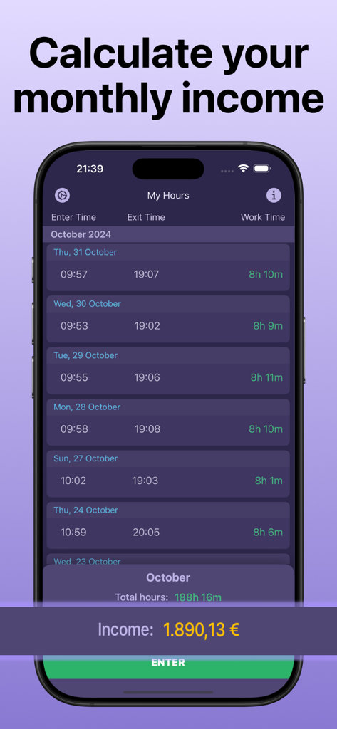 Shift Tracker: Work Hours Log - Interface of the Shift Tracker app displaying a list of daily work entries and the calculated total monthly income