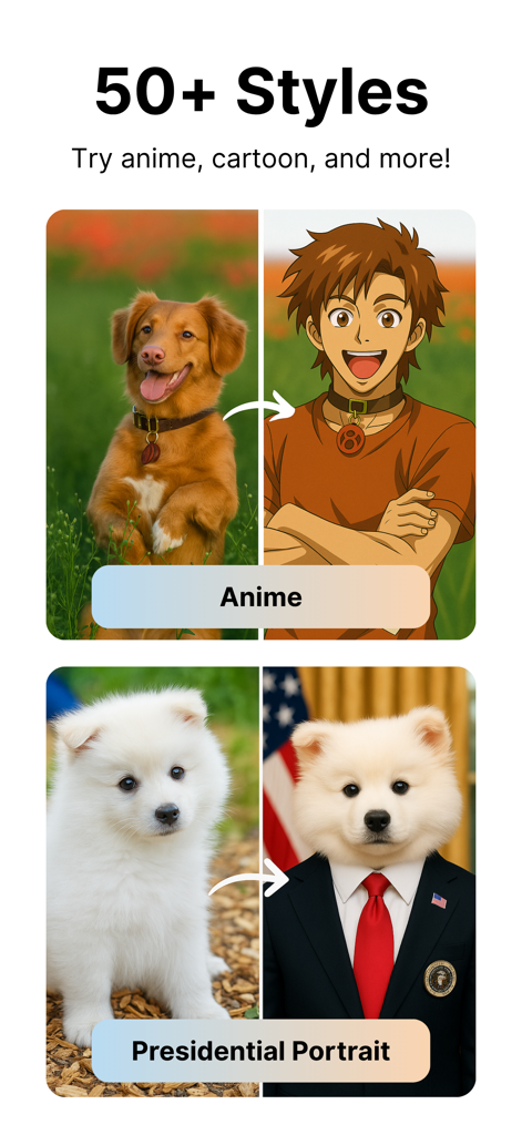 Ejemplos de transformaciones de mascotas, incluyendo estilos de retrato de anime, humano y presidencial