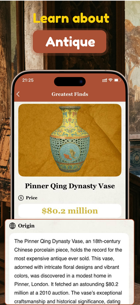 Bildschirm der Antiquitäten-Wert-Identifikator-App, der die Geschichte und den Preis einer Vase aus der Qing-Dynastie zeigt