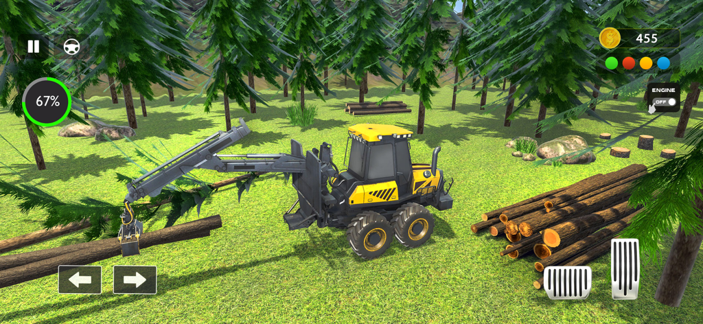 Farm Simulator Tractor Games - Un tractor maderero amarillo levantando un tronco con un brazo mecánico en un entorno forestal