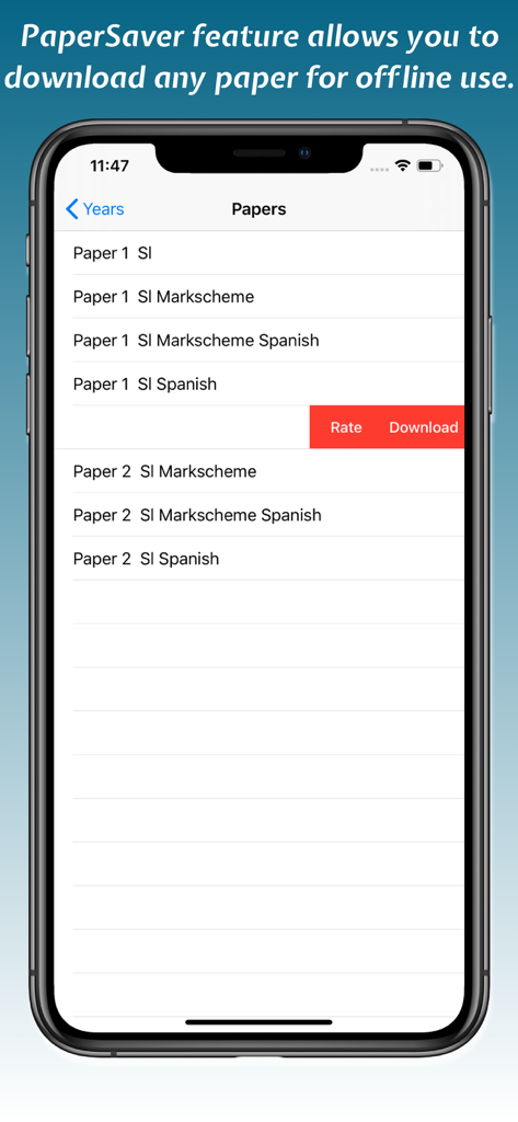 A+Papers: IB Exam Papers - iPhone screen showing the PaperSaver feature for downloading IB past papers for offline study