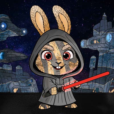 a small sith lord rabbit with a lightsaber, a hood, and a menacing expression. the background is a launch hangar on a spaceship.