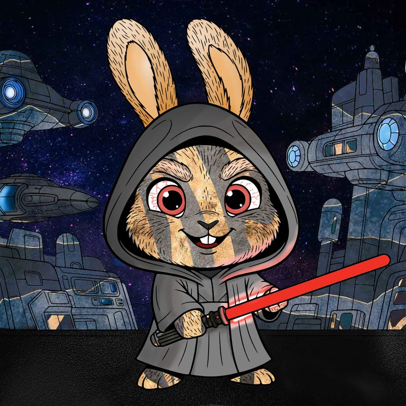 a small sith lord rabbit with a lightsaber, a hood, and a menacing expression. the background is a launch hangar on a spaceship.