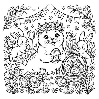 Celebrate Easter with this charming coloring page featuring a delightful seal pup surrounded by festive bunnies and beautifully decorated eggs. It's a perfect blend of spring cheer and cute characters, ready for your creative touch.