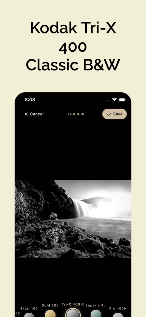 Film Camera - 底片風格相機 - Vista previa del filtro de película en blanco y negro Kodak Tri-X 400 en la interfaz de la aplicación Film Camera