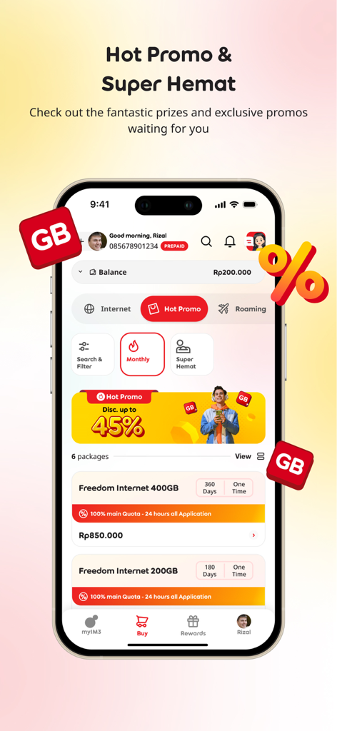 myIM3 - myIM3 app interface displaying internet package promotions and discounts for Indosat users