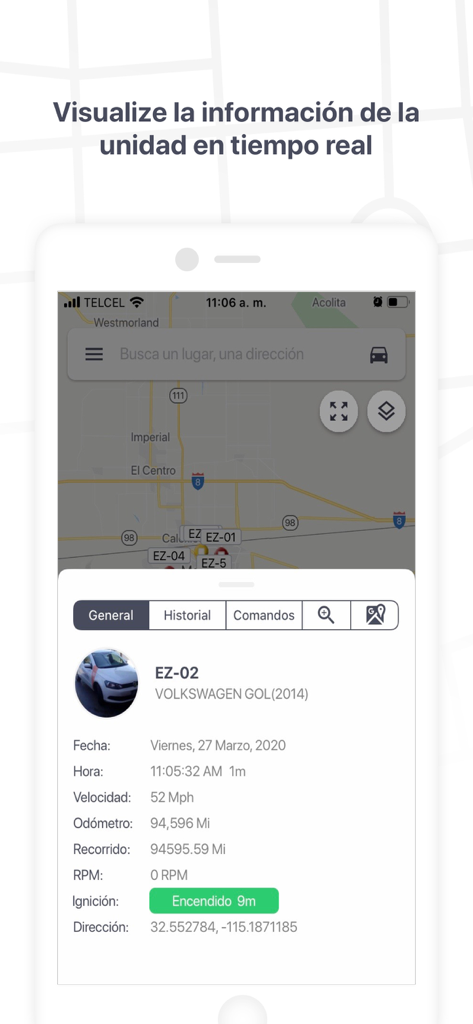Eztrack - Eztrack-App-Oberfläche, die den Echtzeit-Standort von Einheiten auf einer Karte und detaillierte Fahrzeugstatus anzeigt.