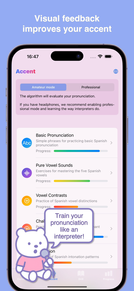 Conversation IQ：Language Coach - Accent training interface in Conversation IQ app showing pronunciation exercises and progress tracking