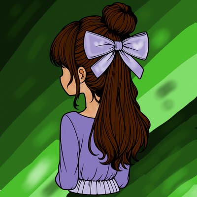 realistic girl  with hip length hair a bun and a big bow on the back of head