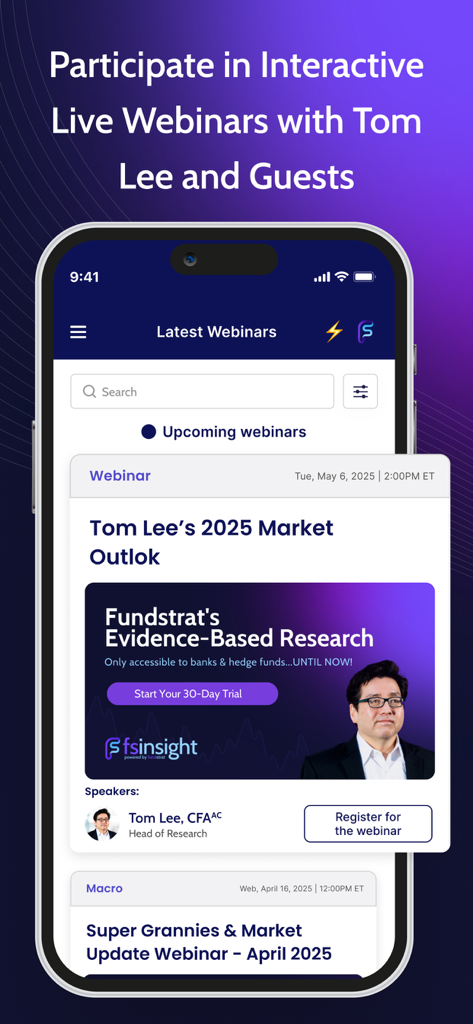 FS Insight mobile app screen showing upcoming live webinars featuring market analysis from Tom Lee.