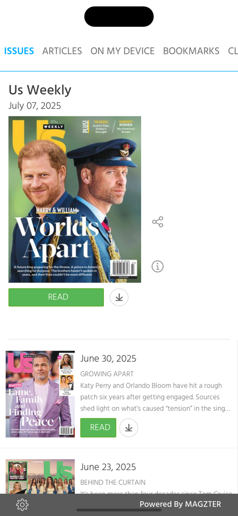Us Weekly app interface showing a list of digital magazine issues featuring celebrity cover stories.