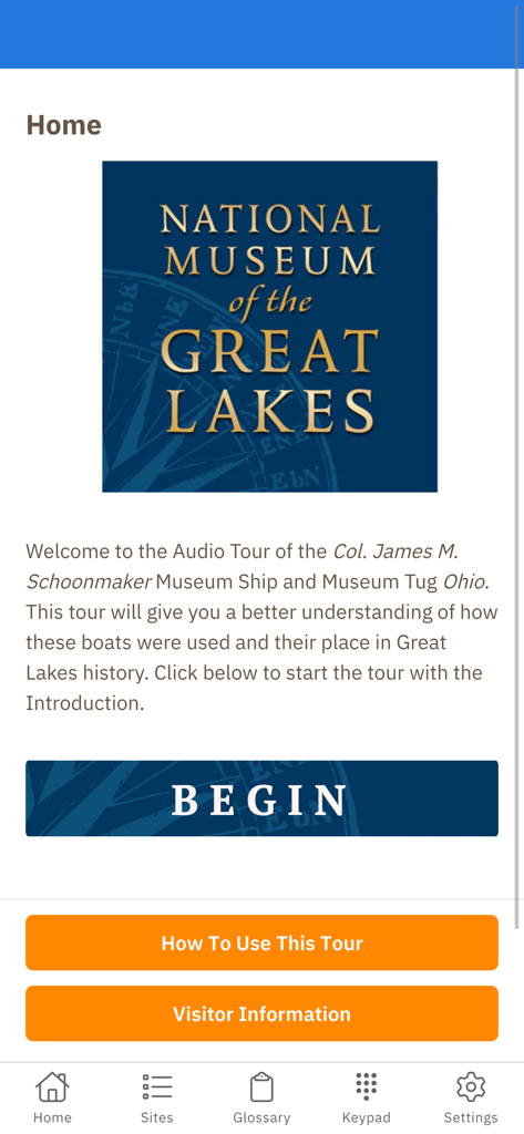 Startbildschirm der Schoonmaker Museum Ship Audio-Tour-App mit Start-Button und Navigationsmenü.