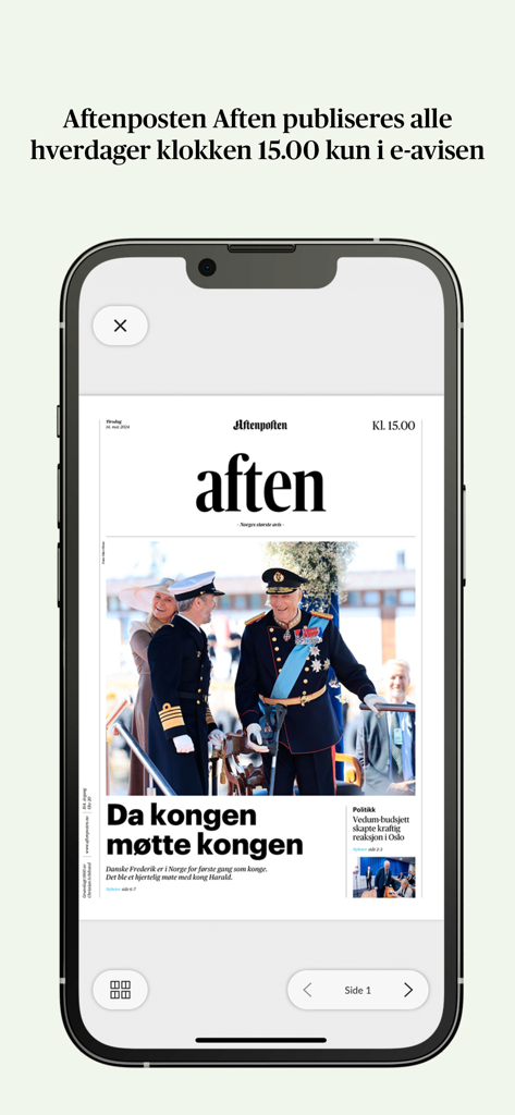 Schermata dello smartphone che mostra la replica digitale del giornale serale di Aftenposten.