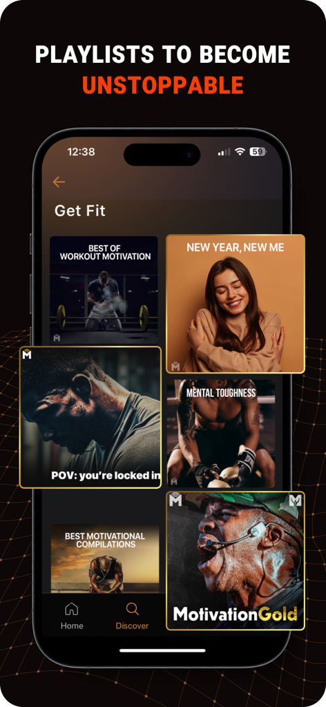 Mindset: Daily Motivation App - Discover screen of Mindset app showcasing various motivational audio playlists for fitness and mental toughness.