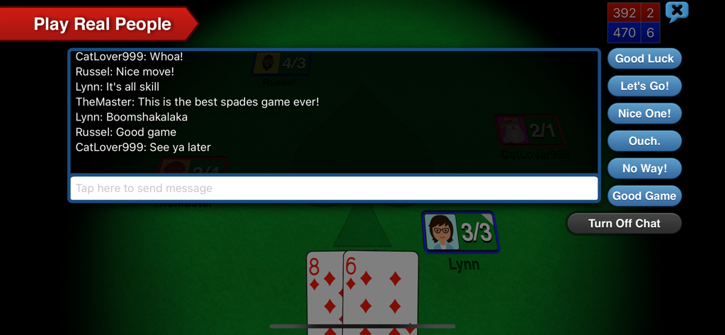 Spades+ - In-game chat interface of Spades Plus showing real-time messages and quick phrases during an online multiplayer match.