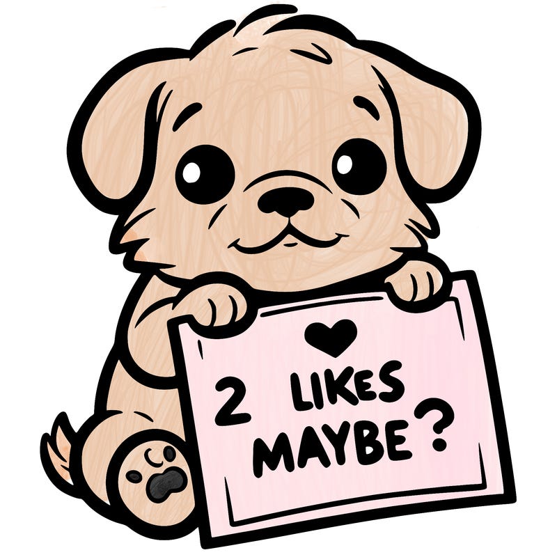 a puppy holding a sign that says 2 likes maybe?