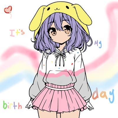 pretty anime girl wearing a fluffy hoodie with bunny ears on the hood and a skirt