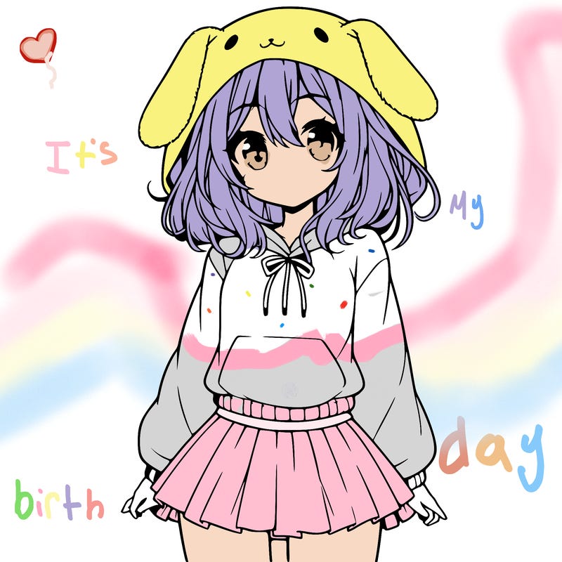 pretty anime girl wearing a fluffy hoodie with bunny ears on the hood and a skirt