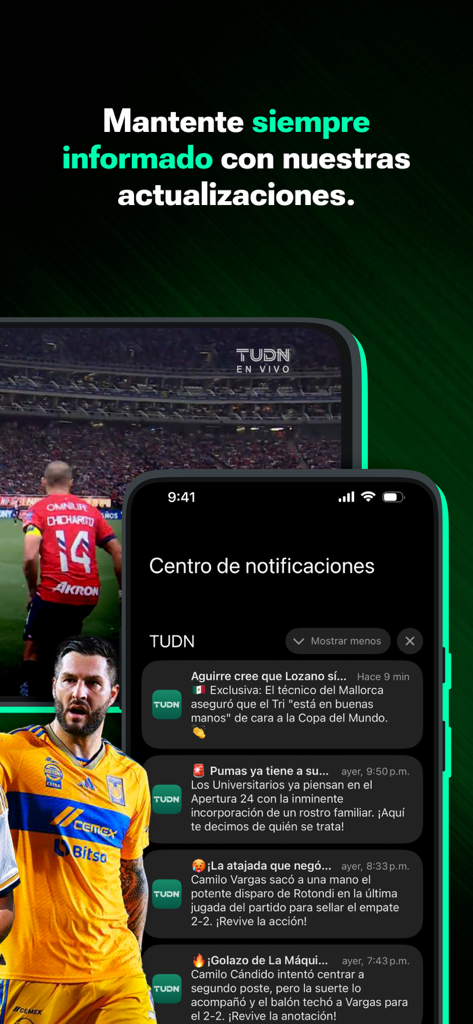 TUDN: TU Deportes Network - Pantalla de smartphone mostrando el centro de notificaciones de la app TUDN con noticias y actualizaciones de fútbol en vivo en español