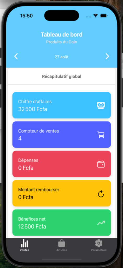 Gesta+ Tableau de bord - Panel móvil de Gesta Plus que muestra resúmenes de ingresos y beneficios netos del negocio