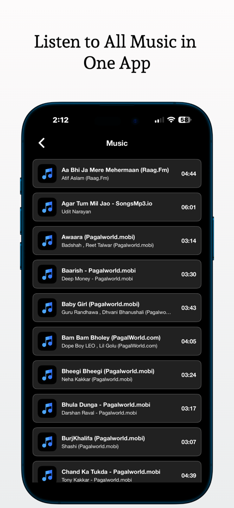 Photo Gallery - Media Manager - Reproductor de música integrado que muestra una lista de canciones dentro de la interfaz de la aplicación Gestor Multimedia de Galería de Fotos.