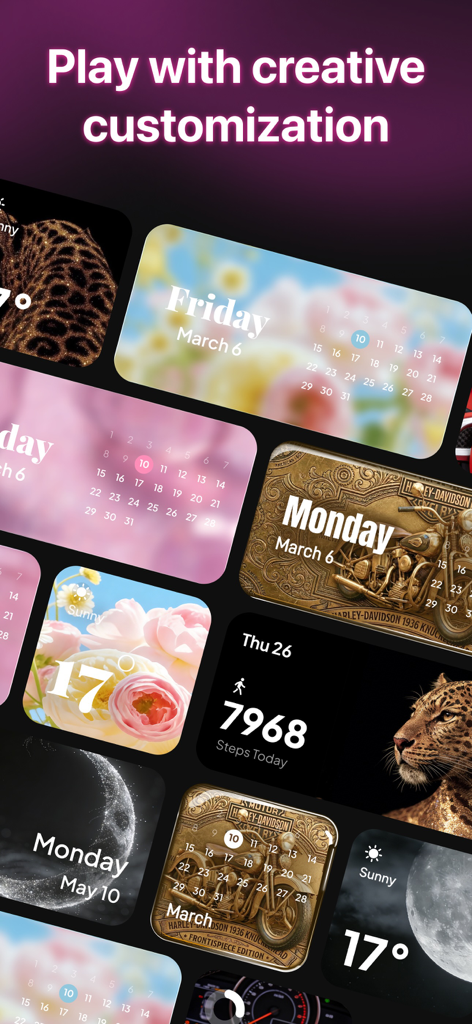 AuraAI: Themes & Wallpapers - Uma variedade de widgets estilizados para iPhone, incluindo calendários, clima e rastreadores de atividades em diferentes temas estéticos