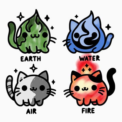 4 cats that represent the different elements, earth, water, air, and fire