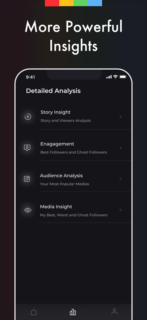 Reports Unfollowers Followers+ - Detailed analysis dashboard showing story insights engagement and audience analysis for Instagram