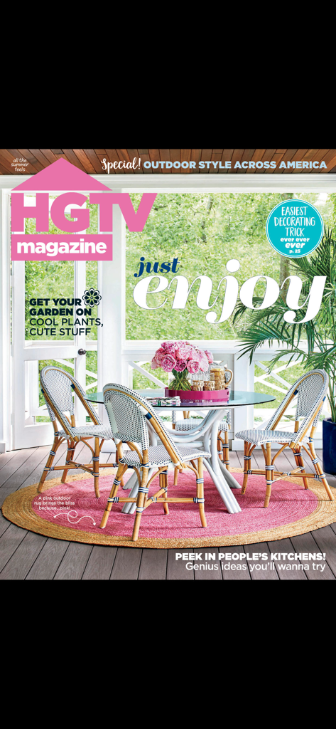 HGTV Magazine US - HGTV Magazine cover showing a bright sunroom with outdoor furniture and a pink rug