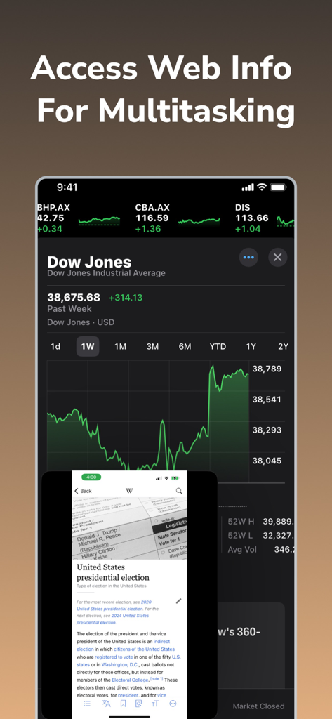 Pip Up: Persist/Float Post-It - iPhone screen showing a floating web window with Wikipedia content overlaid on a stock market tracking app for multitasking.
