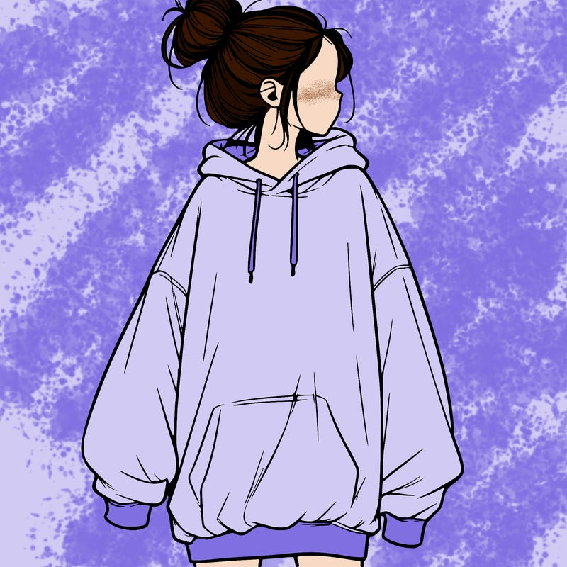 realistic girl with a oversized sweatshirt on and a bun