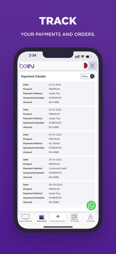 Pantalla de la aplicación beIN que muestra el historial de pagos de suscripciones y los detalles de los pedidos