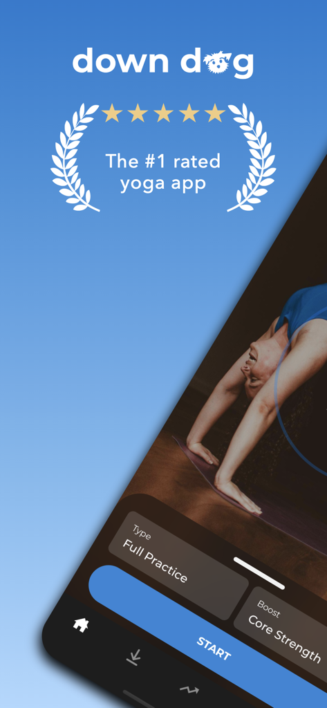 Down Dog yoga app interface showing a 5 star rating and class customization options