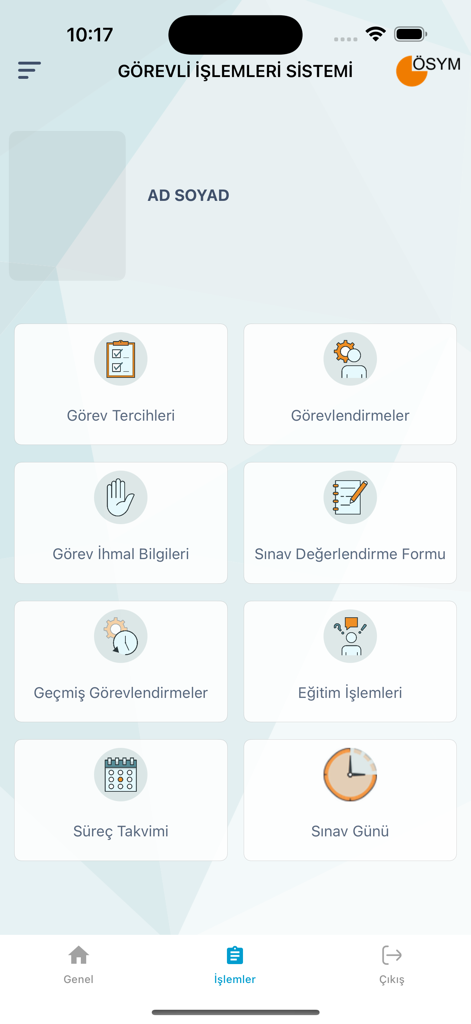 ÖSYM Görevli İşlemleri Sistemi - The operations menu of the OSYM official transactions system app showing various exam management functions