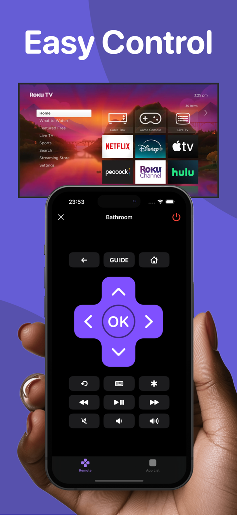 Una mano sosteniendo un smartphone usando la aplicación Roku Remote para controlar un televisor con aplicaciones de streaming