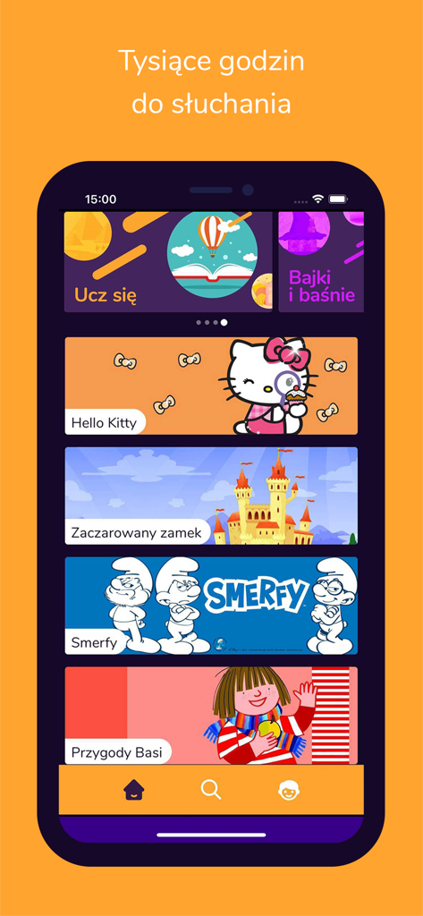 Audioteka Kids - Audioteka Kids app screen displaying various children audiobooks including Hello Kitty and The Smurfs.