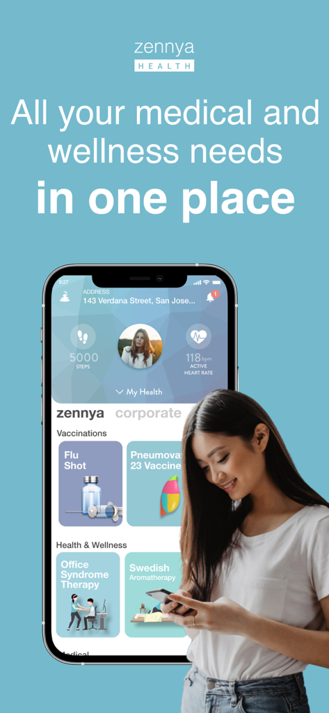 A woman using the zennya health app on her smartphone showing medical and wellness service options