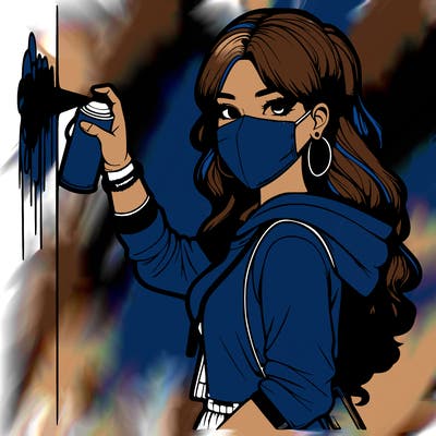 realistic girl with mask spray painting a wall