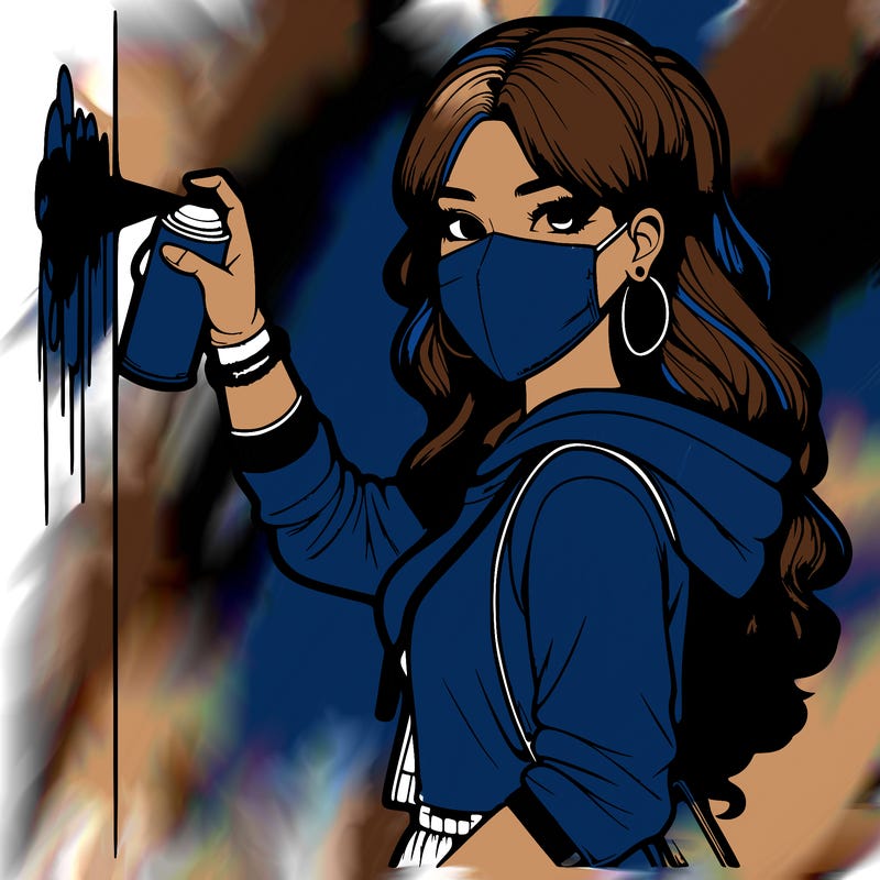 realistic girl with mask spray painting a wall