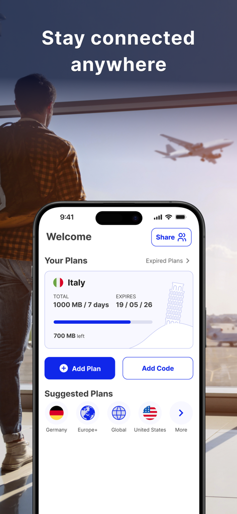 BetterRoaming: eSIM for Travel - Interface de l'application BetterRoaming montrant un forfait de données actif pour l'Italie et des forfaits de voyage mondiaux suggérés