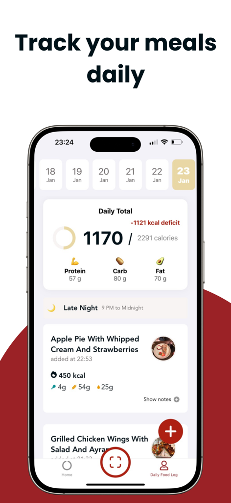 CalAI: Photo Calorie Tracker - Interface de l'application CalAI affichant l'apport calorique quotidien et le journal des repas avec les détails des macros
