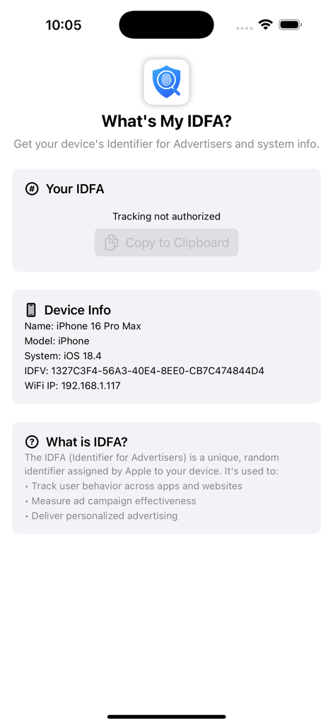 IDFA - Dashboard of the IDFA app showing system information and device identifiers
