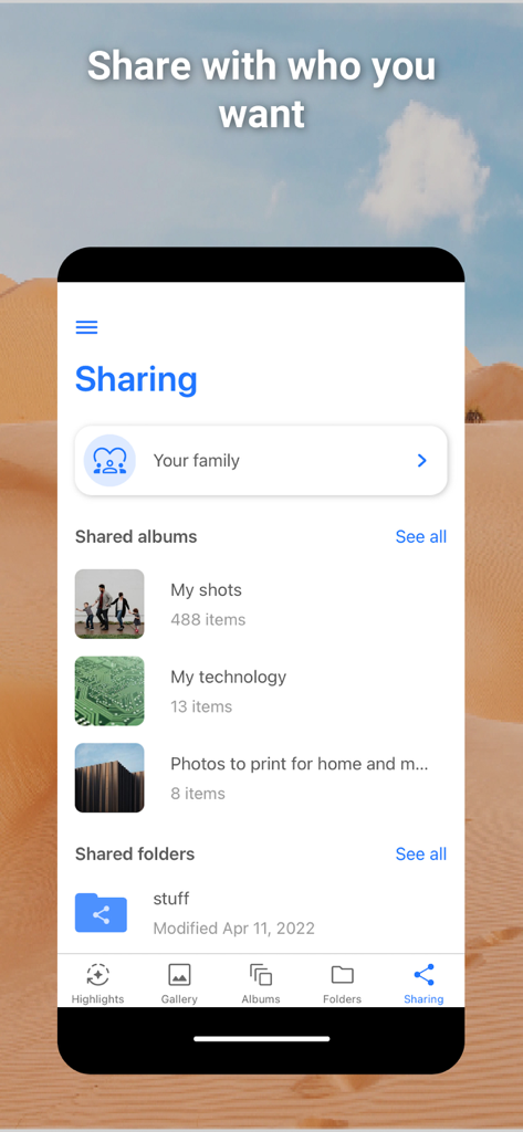 Zefiro - Tela de compartilhamento do aplicativo Zefiro exibindo opções para grupos familiares e álbuns de fotos compartilhados.