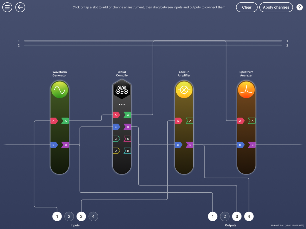 Moku app interface showing a custom configuration of virtual laboratory instruments in a signal chain.