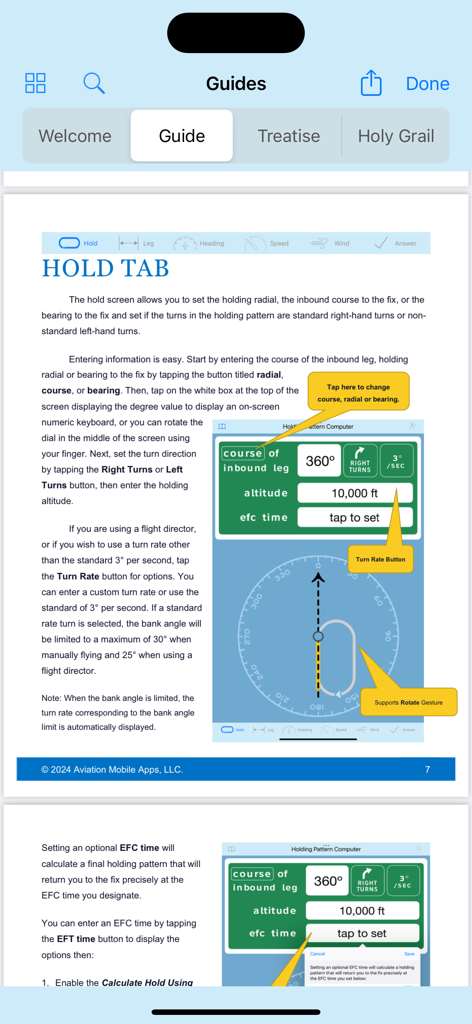 User manual page for the Hold Tab explaining aviation navigation features and interface controls.